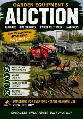 Garden equipment, light construction, garden machinery, trailers, quad bikes & hand tools online & Live auction
