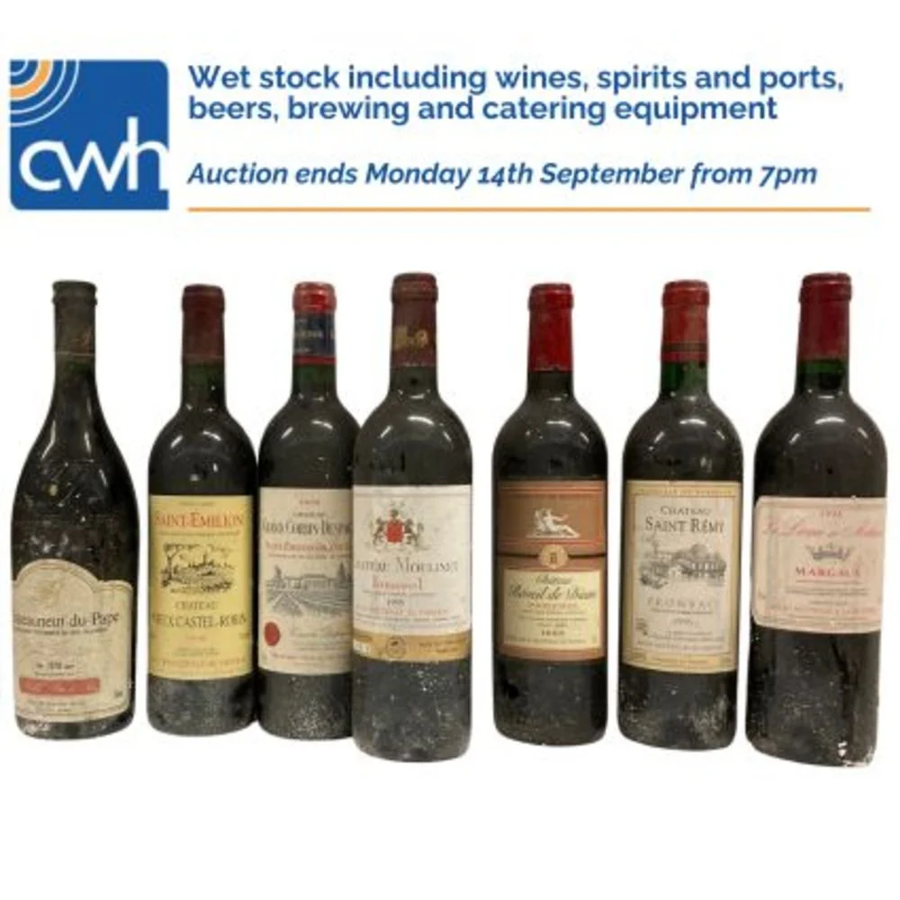 Wet stock including wines, spirits and ports, beers, brewing and catering equipment, domestic white goods