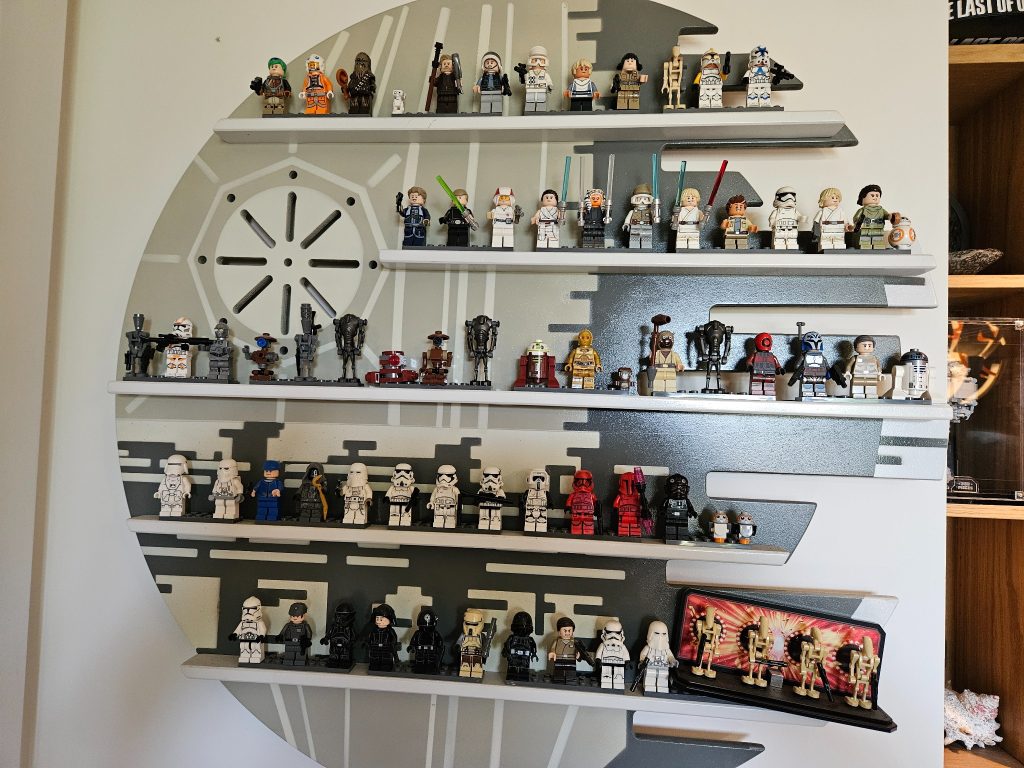 Dozens of LEGO Star Wars minifigures displayed on a Death Star wall shelf