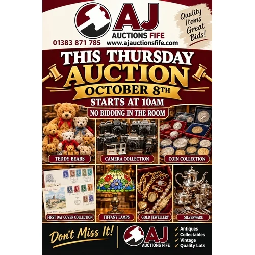 Interiors & Antique Auction Gold & Silver Jewellery, Silverware, Quality Vintage Cameras, Silver Proof & Coin Sets. First Day Cover Albums Commission is Set at 20% plus Vat = 24%