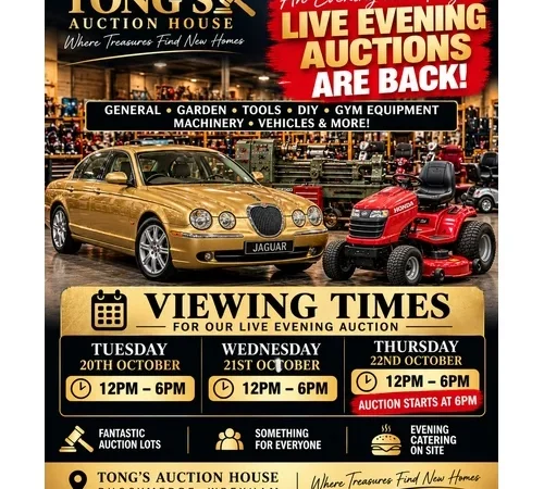 Live Evening Auctions Are Back! General, Garden, Tools, DIY, Gym Equipment & more. Highlights include an S-Type Jaguar, Mobility Scooters, Fantastic Ride on Mower, Machinery, Superb Workshop Lathe!