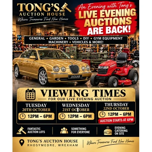 Live Evening Auctions Are Back! General, Garden, Tools, DIY, Gym Equipment & more. Highlights include an S-Type Jaguar, Mobility Scooters, Fantastic Ride on Mower, Machinery, Superb Workshop Lathe!